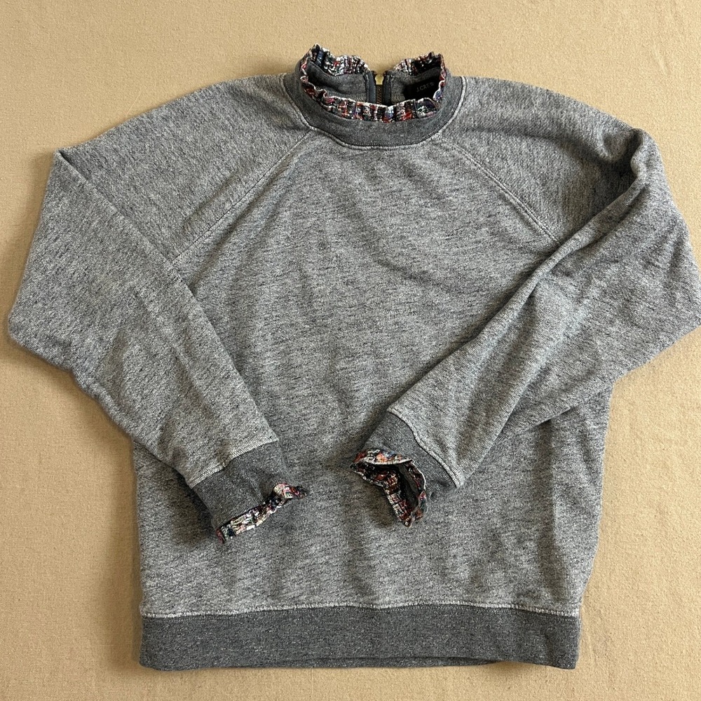 J.Crew Grey Raglan Sweatshirt Metallic Ruffle Trim Back Zip‎ Heathered Top